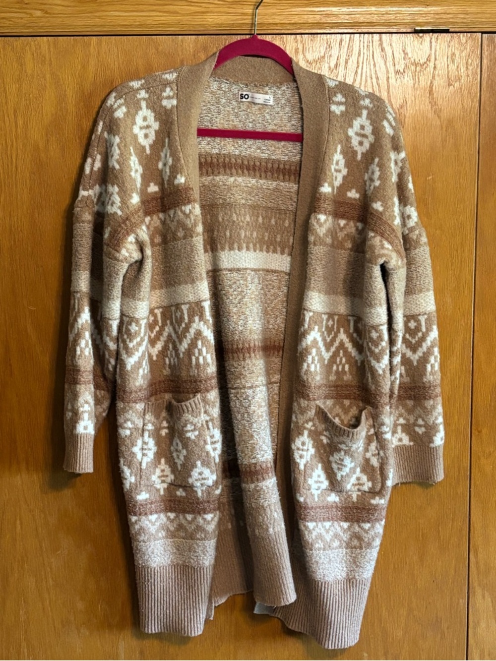 SO Open-Front Tan & Cream Geometric Knit Cardigan
